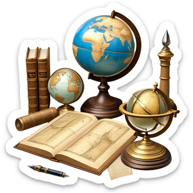 An icon featuring ancient scrolls, a quill pen, and large, old-fashioned sand clocks, symbolizing the study of history. The design includes a globe and a timeline with significant historical events, set against ruins to evoke past civilizations. Transparent background highlights the passage of time. sticker