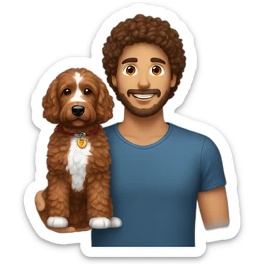 guy with dark brown hair holding red goldendoodle sticker