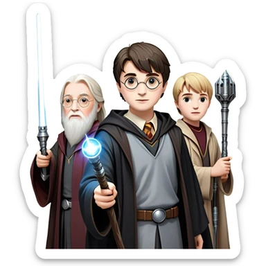 Icon for Fantasy and Sci-Fi Movies: Collage featuring Harry Potter with his wand, Dumbledore, Luke Skywalker with a lightsaber, and futuristic robots. Background with a magical planet, Hogwarts, flying owls, and spaceships. Epic and magical atmosphere. Transparent background. sticker