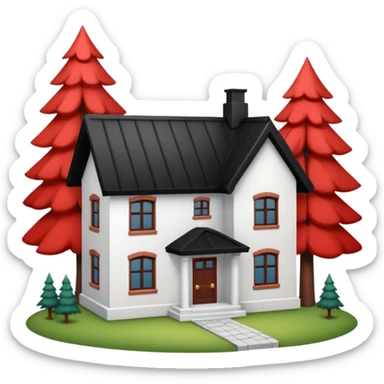 Dom z czarnym dachem i biała elewacja ze wstawkami z czerwonej cegły.Na drugim planie las. sticker