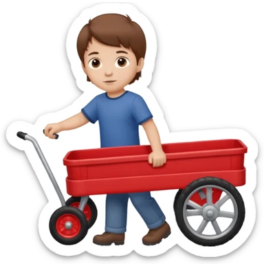Boy with brown hair pulling red wagon sticker