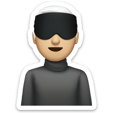 person with black blindfold and white hair sticker