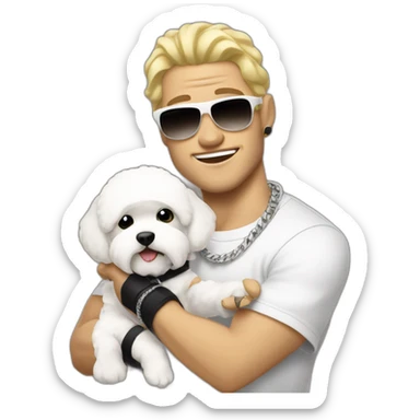 white male rapper flexing with a bichon sticker
