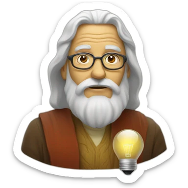 a wise man with glass and a lightbulb sticker