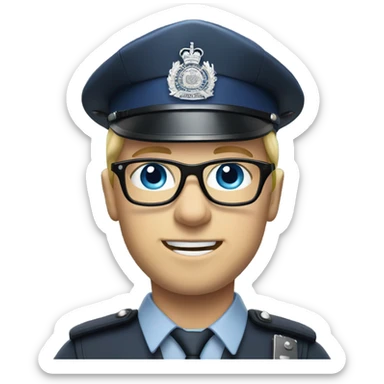 British policeman with blue eyes and helmet and blonde and glasses hair sticker