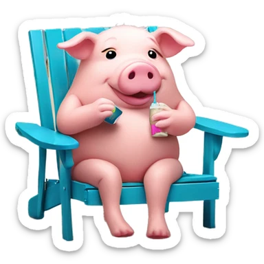 soft toy pig wearing swimshorts , alcoholic drink in hand , sitting on a chair on the beach  sticker
