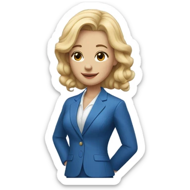 a woman with blonde hair and flesh-colored skin in a blue suit saying goodbye with her hand sticker