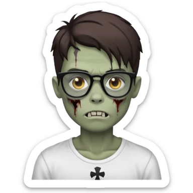 long brown haired zombie boy with black highlights, black glasses, white t shirt, hard collarbone sticker