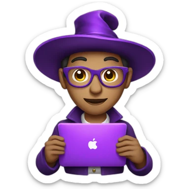 light skin magician with a purple magic hat working on a macbook sticker