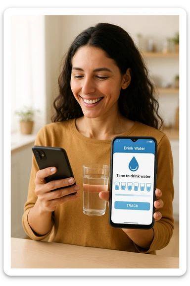 Donna che usa App per ricordarsi di bere, altrimenti non beve mai testo in italiano sticker