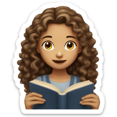 girl with long curly brown hair, she has light, white skin, two moles on her right cheek, brown eyes, looks at an open book in her hands sticker