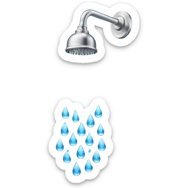 "A clean emoji icon of a silver shower head with blue water droplets falling downward in streams, steam wisps rising, minimal flat design, bright and refreshing colors, transparent background" sticker