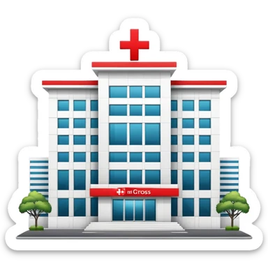 Modern Bangkok hospital building with Thai architectural elements, red cross symbol sticker