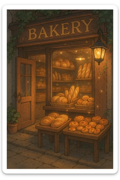 a cozy storefront bakery with bread and pastries, ghibli style, soft lighting, magical touch sticker