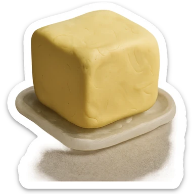 claymation style butter pat, visible fingerprints, pastel yellow sticker