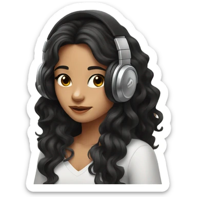 Girl with brown eyes and long black wavy hair listening music with marshall headphones sticker