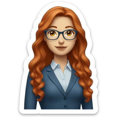 White-girl-with-long-hair-red-head-eyes-brown-wearing-glasses-blouse-formal-blue sticker