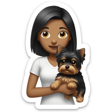 Girl with black hair holding a yorkie  sticker