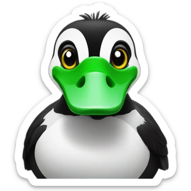A green duck sitting on top of a black and white badger sticker