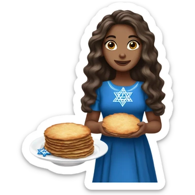 White girl in a dress for Hanukkah with long balayage dark brown hair holding latkes sticker