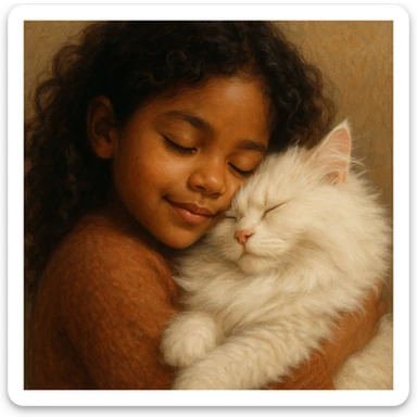 brown girl snuggling fluffy white cat, style 4 sticker