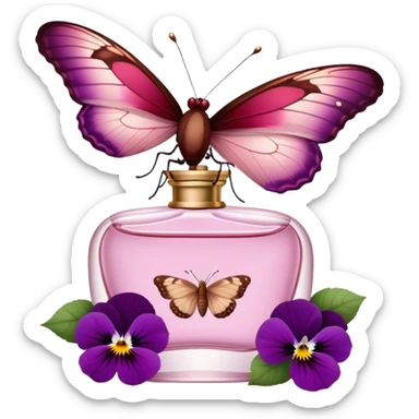 A butterfly with striking Tyrian Purple and Jasper Red wings delicately lands on a Rosewater Pink perfume bottle. Misty Rose pansies bloom softly around, creating a dreamy, romantic scene." sticker
