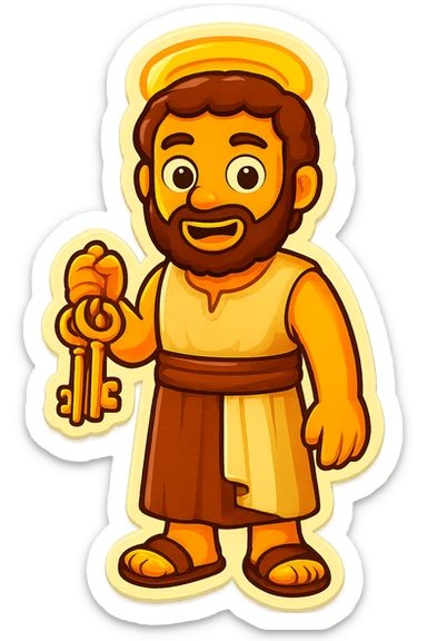 Make the colors even lighter and more saturated, matching the classic emoji yellow skin and bright robe style. Keep the sleeveless shirt and plain robes. Fullbody apostle Peter holding keys with expressive face and halo, standing, no background. sticker