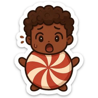 peppermint chibi character, brown male, curly hair, surprised, cartoonish and expressive sticker