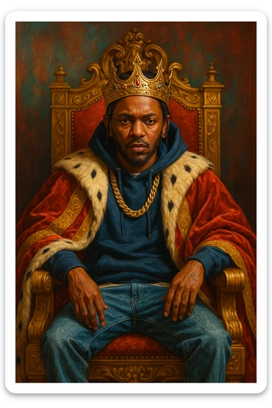 Kendrick Lamar as a king, sitting on a throne, gold crown, royal robe, serious face, urban style, vibrant colors sticker