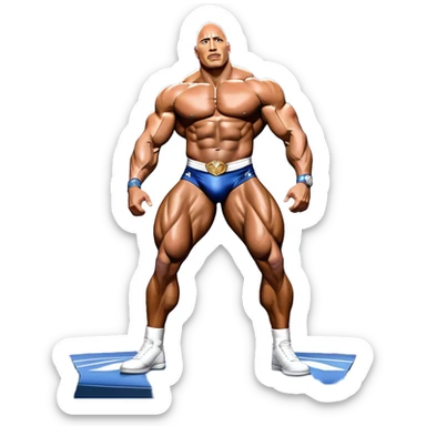 Dwayne 'The Rock' Johnson, covered in oil, striking a powerful pose on stage at the Mr. Universe bodybuilding championship. His muscles are clearly defined, exuding strength and charisma. The backdrop features a professional stage with judges and a cheering audience. Transparent background. sticker