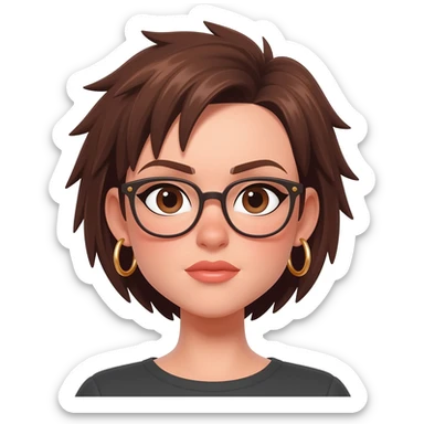 Female very very short brown hair few spikes gold hoop  earrings brown eyes glasses full lips sticker