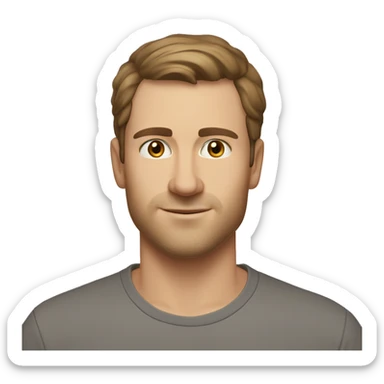 A head and shoulders shot of a 32 year old Caucasian man, with short brown hair, with none facial hair,   with brown eyes wearing a t-shirt. sticker