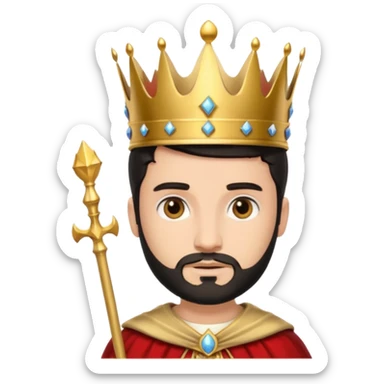 Bearded King, young king with short black beard, royal staff in hand, wearing crown
 sticker