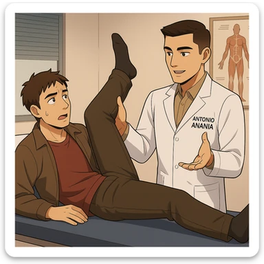 fai un webtoon manga a colori con questo stile, in cui un uomo è steso sul lettino medico e il kinesiologo con il camice bianco (fagli anche la scritta "ANTONIO ANANIA" SUL CAMICE, gli solleva una gamba per fargli il test neuromuscolare, IL KINESIOLOGO SPIEGA ALL'UOMO UNA cosa mentre gli alza la gamba. non fare i fumetti però, fai solo in modo che sembri stiano parlando sticker
