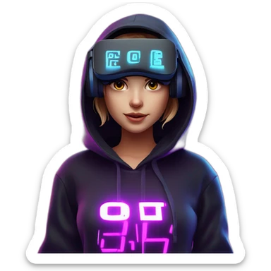 Create a 3D model of a Russian girl wearing a black hoodie with "OMG" letters on it and VR headset in a cyberpunk VR environment with violet neon lighting. sticker