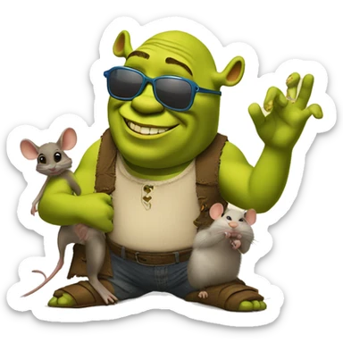 Shrek with sunglasses giving a peace sign hanging with 3 blind mice sticker