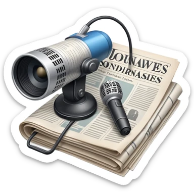 An icon featuring a microphone, a newspaper, and a camera, representing journalism and mass media. The design includes soundwaves and headlines, symbolizing the spread of information and news. Transparent background highlights the power of communication and media. sticker