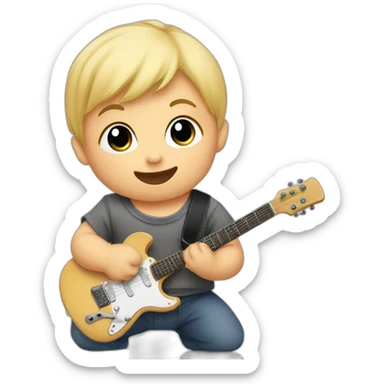 a 1-year-old baby, blond and with little hair, in diapers, playing a mini guitar sticker