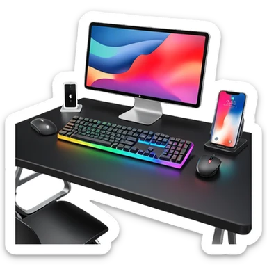 rgb gaming computer on black desk with a black keyboard and mouse sticker