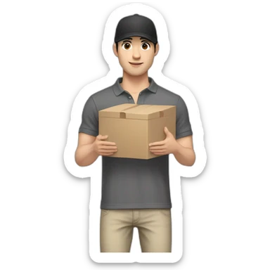 Pale skinned fit Man with black hair in a dark gray cap, gray jeans and beige polo T-shirt keeping a pasted box into his hands sticker