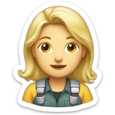 a blond woman engineer with watter and poop sticker