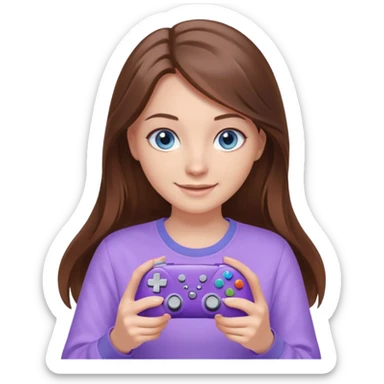 beautiful girl with long brown hair, blue eyes and wearing light purple clothes playing computer games sticker