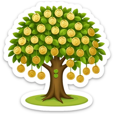 Apple-style money tree (not so mush coins), round soft green canopy.
No pot, no ground — only the tree.
Small gold coins as fruits inside the leaves (not below).
Flat 2D vector, clean shapes, no gradients.
Dark near-black background, premium fintech icon. sticker
