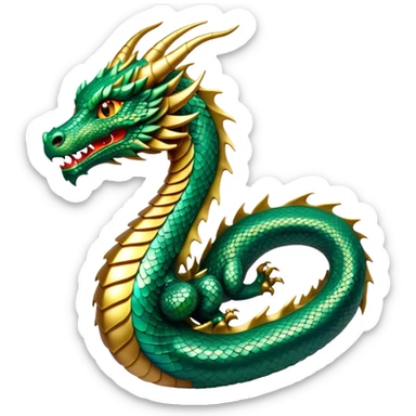 Cinematic Noble Dragon Portrait Emoji, Poised and majestic, with a sinuous, elongated body covered in intricately detailed, shimmering scales in hues of emerald and gold, and piercing, fiery eyes that reflect ancient wisdom; rendered with lifelike texture and natural highlights, high shine, intelligent and formidable, styled with an aura of mythic power, focused and attentive, soft glowing outline, capturing the essence of a legendary dragon that appears ready to soar out of the screen with timeless authority! sticker