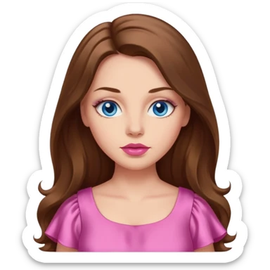 A woman has beige skin, long brown hair, blue eyes, plumb lips, she wears pink dress  sticker
