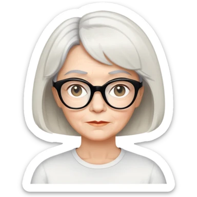 white older woman about 60 with light warm skin, short black bob haircut with slight waves at ends, neutral expression, large black shiny butterfly or cat-eye glasses, white casual t-shirt, calm and creative energy sticker