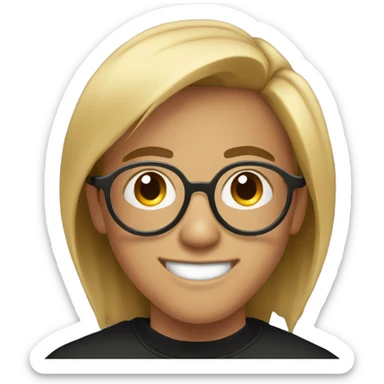 20-year-old boy with black sweatshirt, circular glasses, smiling and straight hair sticker