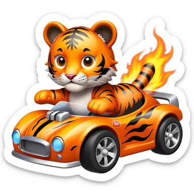 cute tiger holding toy hot wheel car on fire sticker