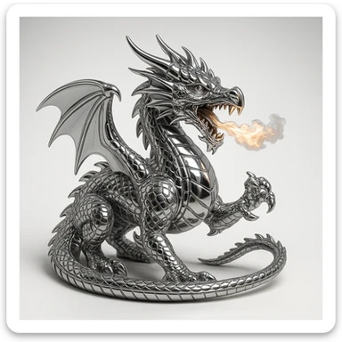 A dragon breathing fire, with chrome scales and a highly reflective, metallic look, 1:1 aspect ratio. sticker