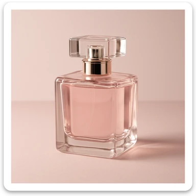 aesthetic pink perfume bottle, minimalist elegant glass, gentle highlights, chic and modern sticker